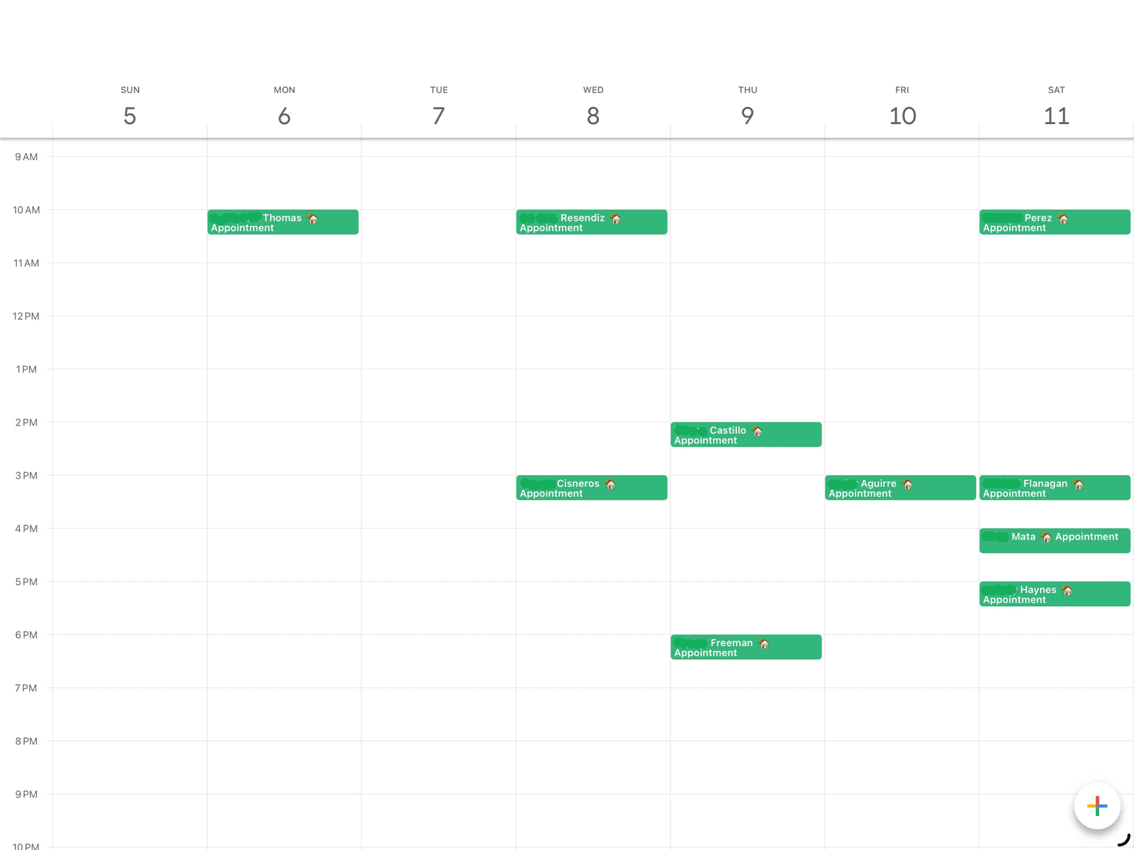 The client's calendar before: a week with 10 appointments. Names are partly redacted for privacy.