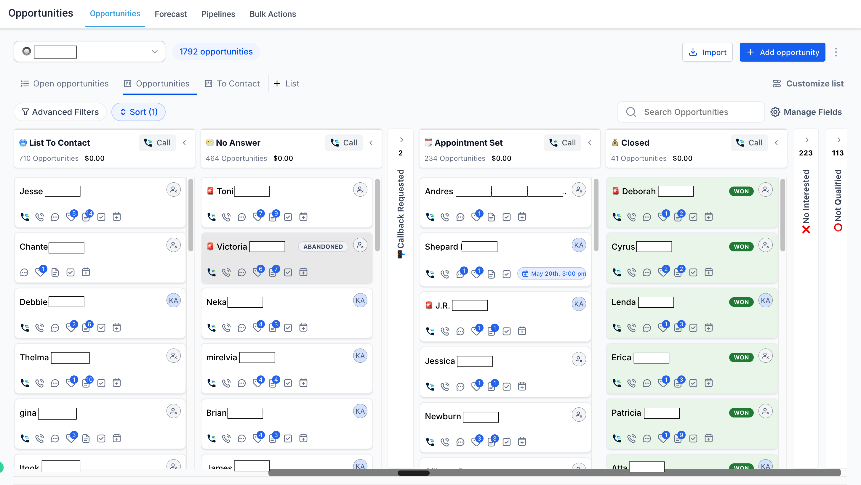 Live CRM pipeline — 1,792 prospects, 234 appointments set, 41 closed. Last names redacted for client privacy.
